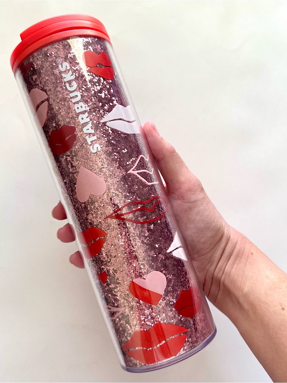 💋STARBUCKS Red & Pink Glitter Kiss Lips Hearts Valentine 16 Oz Travel Tumbler